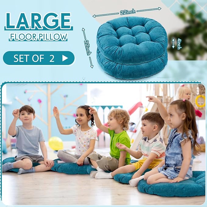 Jerify Floor Pillow Cushions 22 x 22 Inch Round Square Large Meditation Floor Pillow for Classroom Adult Meditation Picnic Party Cushion for Seating Gift Christmas(Round,Aquamarine,2 Pcs)