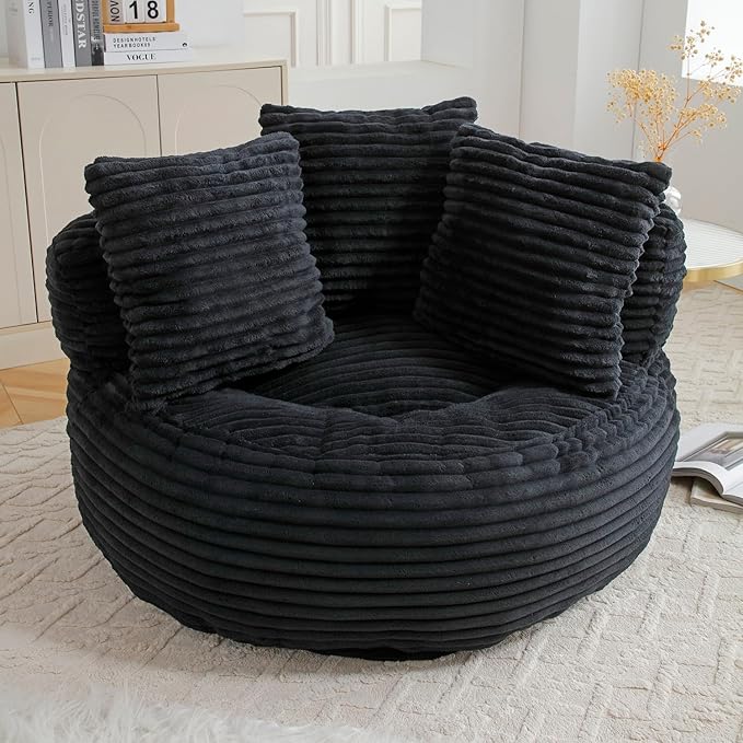 Bean Bag Chair, Corduroy Oversized Chair for Adults, Comfy Big Accent Sofa Lounge Floor Chair, Stuffed Bean Bag Couch for Gaming, Reading, Living Room, Bedroom, Black