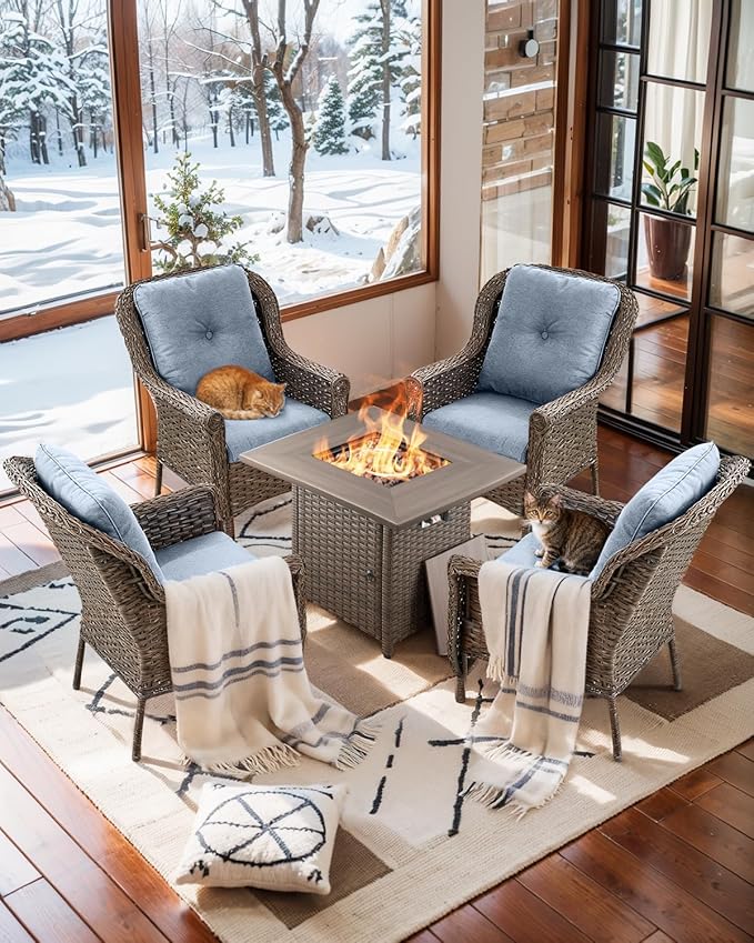 ACTREST Patio Wicker Chairs Outdoor Furniture Chair - Set of 4 Outside All Weather Lawn Dining Brown Rattan Armchair with High Back&Deep Seating for Deck Porch Balcony Backyard Garden - Baby Blue