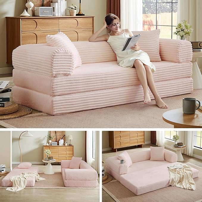 Chorlenimi Boneless Couch Futon Sofa Bed Sectional Couches for Living Room,Cloud Couch with Sleeper Sofa,Sofas for Living Room Oversized Corduroy Upholstered (Pink, 76 Inches (No Iron Frame))