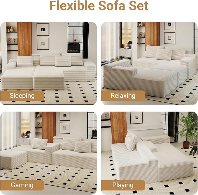 KAPEETOO U Shaped Boneless Sectional Couch with Chaise Ottoman, Giant Cloud Modular Sectional Sofa with Deep Seat, Oversize 3-Seater Boneless Couch for Living Room Bedroom Left Facing Chaise (White)