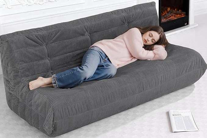 Bean Bag Chair,Giant Beanbag Chairs for Adults,Comfy Large Fireside Chair Lazy Sofa,Corduroy Bean Bag Lounger with Memory Foam Filled,Floor Sofa Couch for Living Room (Dark Grey, 3-Seater)