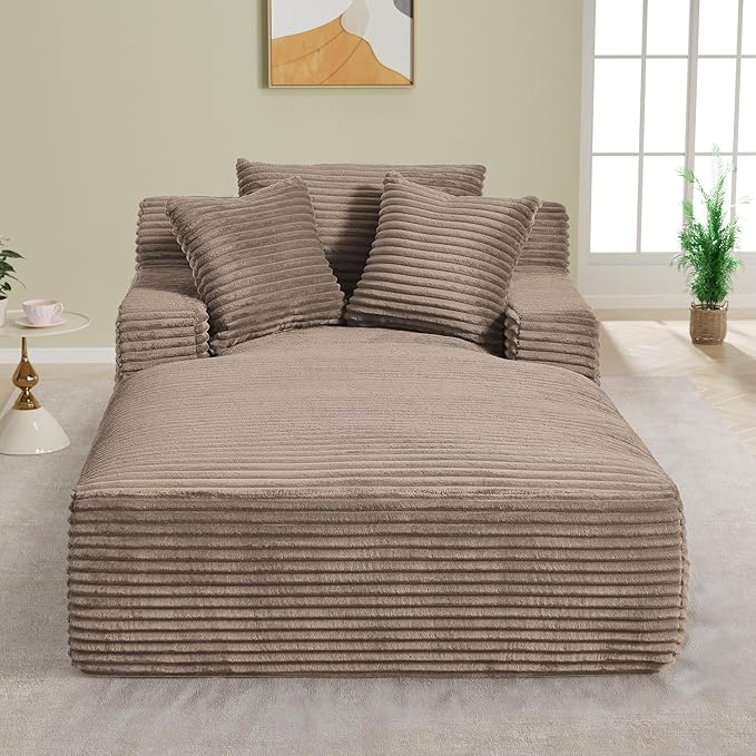 50"W x 76"D Oversized Chaise Lounge Chair Indoor Boneless Reading Chair Plush Corduroy Recliner Large Deep Seat Upholstered Sleeper Comfy Sofa Bed Couch with 3 Pillows for Living Room Bedroom, Camel