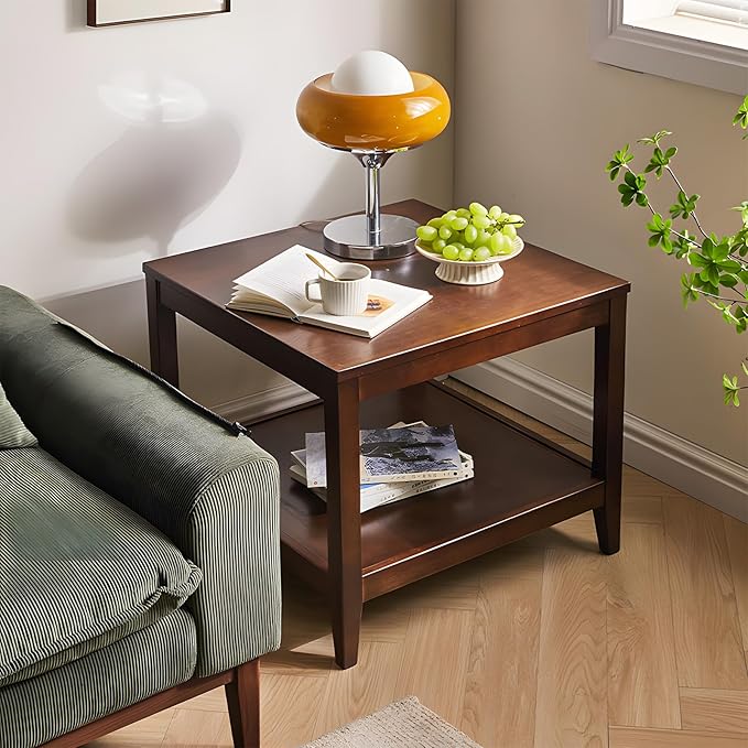 Cttasty Side Table, Solid Wood Square End Table with Storage Shelf, 2-Tier Coffee Table for Living Room, Rubber Wood Small Sofa Table, Nightstand 23.62 H x 23.62 W x 23.62 D Inches (Walnut)