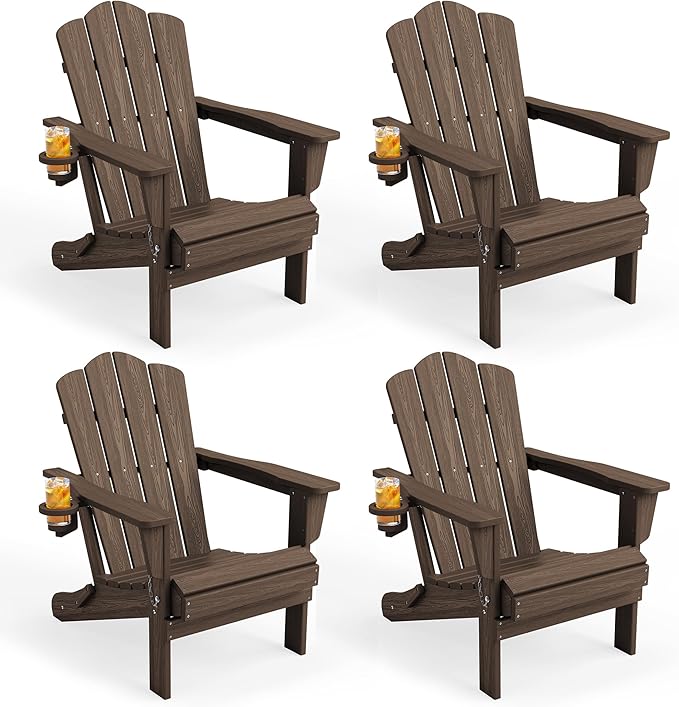 KINGYES Folding Adirondack Chair Set of 4, HDPE All-Weather Folding Adirondack Chair, Coffee