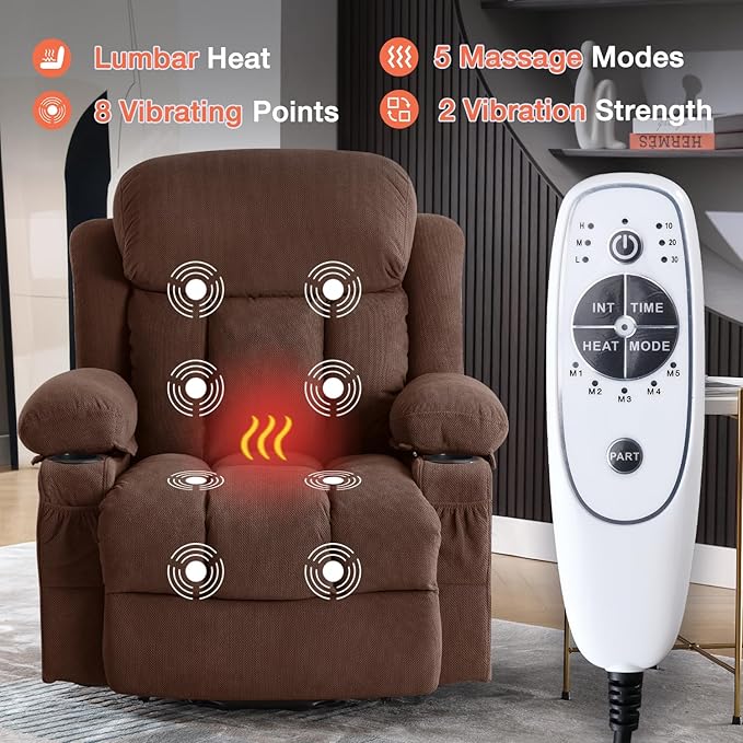 Power Lift Recliner Chair for Elderly with Vibration Massage and Lumbar Heating, Electric Lift Recliner Single Sofa with Side Pocket, Two Cup Holders and USB Charge Port for Living Room