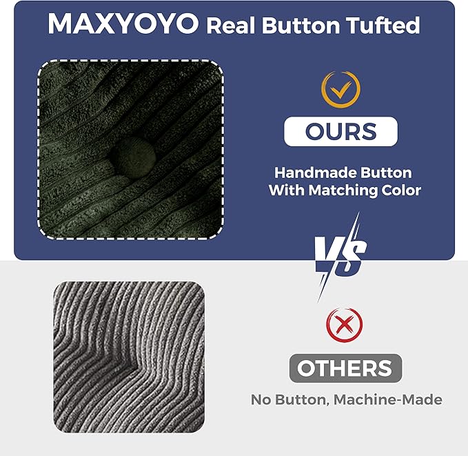 MAXYOYO 3-Seater Boneless Sofa Couch, Tufted Corded Sofa Lounge for Living Room, Comfy Bean Bag Chair High-Density Foam Couch with Pillows, No Assembly Required