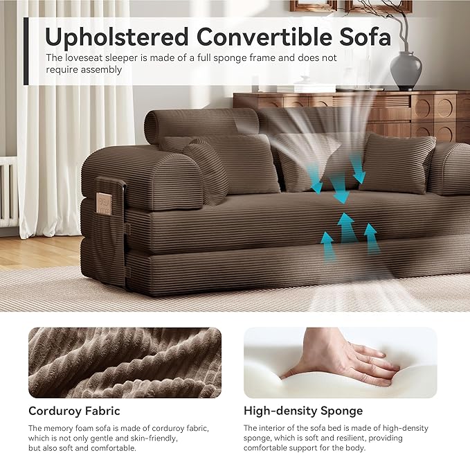 ZQRhome 2026 Upgrade Convertible Sofa Bed, 79 Inch Boneless Couch with Fixed-Shape Frame, Corduroy Fabric with High Backrest, Floor Sofa Modular Futon Couch for Living Room Bedroom Lounge (Brown)