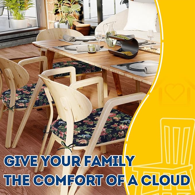 AAAAAcessories D-Shaped Chair Cushions, 2" Thick Dining Chair Pads with Ties and Removable, Machine-Washable Cover, 17" x 16", Set of 8, Night-Blooming Blossoms