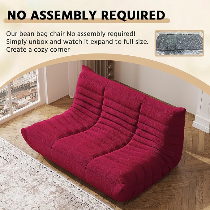 Bean Bag Chair, Fireside Chair, Large Bean Bag Chair for Adults, Bean Bag Chairs for Teens with High-Resilience Foam, Non-Slip Base Floor Lounge Sofa,Living Room (Burgundy, Loveseat)