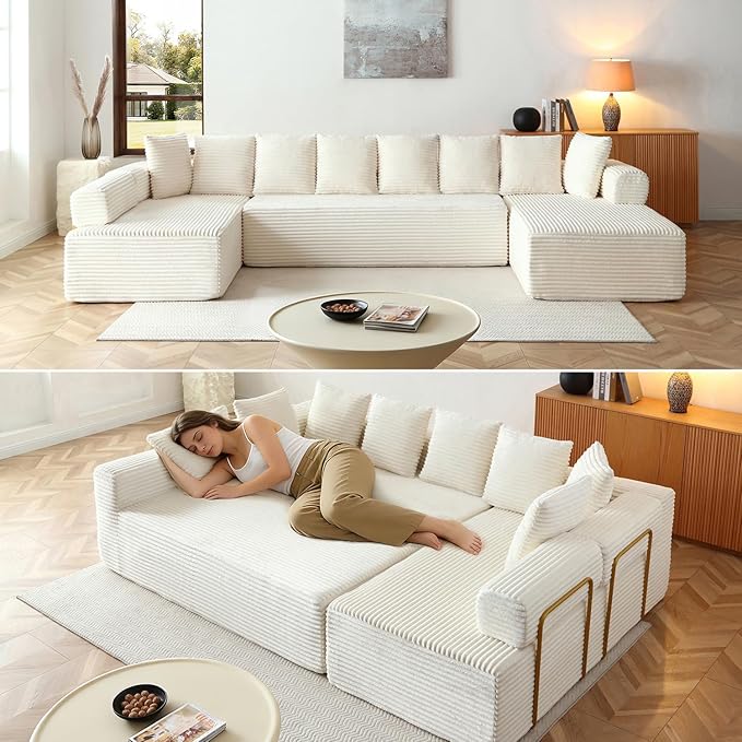 145" Oversized Cloud Boneless Sectional Sofa with Chaise, Corduroy U Shaped Modular Couch with Deep Seat, Fixed Frame Comfy Corner Sofa, No Assembly Required (Beige)