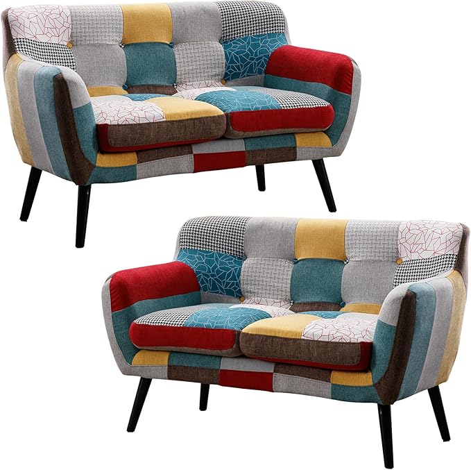 Bonzy Home Modern Boho Loveseat Couch Sofa Chair Set of 2 for Living Room Bedroom, Upholstered Colorful Plaid Fabric 2-Seat Love Seat Sofa with Wood Leg for Small Space