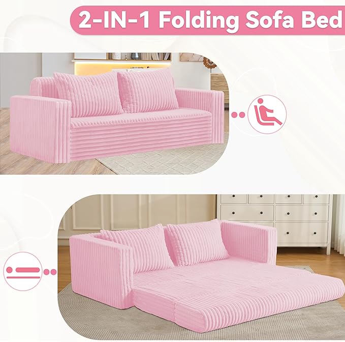 HABUTWAY Folding Sofa Bed, 2 in 1 Convertible Sleeper Chair with 2 Pillows, Portable Fold Out Chair Bed with Armrest, Comfy Floor Couch, Lazy Sofa for Living Room Bedroom Dorm Home Office, Pink