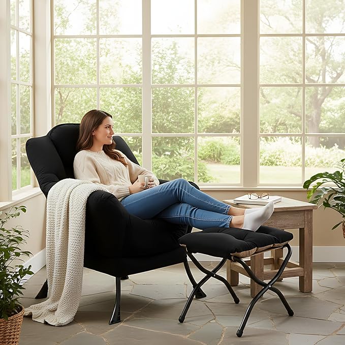 Welnow Lazy Chair with Ottoman, Modern Lounge Accent Chair with Armrests and a Side Pocket, Leisure Sofa Armchair Set, Reading Armchair with Footrest for Small Space, Black