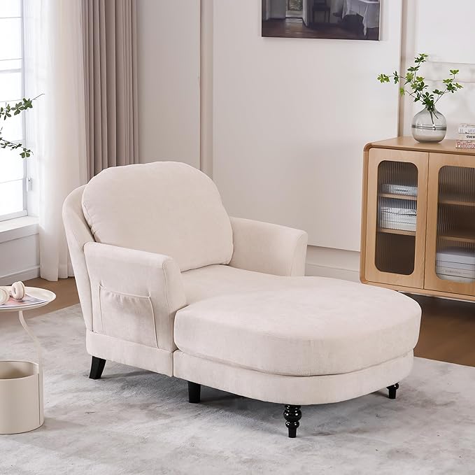 Chaise Lounge Chair Indoor, 59.8" Oversized Couch Reading Chairs，Chenille Comfortable Deep Sleeping Single Sofa, Upholstered Modern Couch Sofa Bed for Living Room, Bedroom & Apartment (Beige)