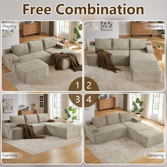 96" U-Shape Cloud Couch, Modern Modular Sectional L-Shape Sofa with Ottoman, Corduroy Upholstered Couches Deep Seat Sleeper Chaise Longue for Living Room, No Assembly Required(Camel, Right Facing)