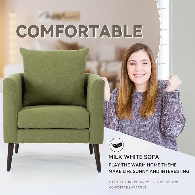 QKFF Barrel Accent Chair with Back Pillow, Large Upholstered Armchair with Solid Wood Legs Modern Reading Chairs for Living Room Bedroom