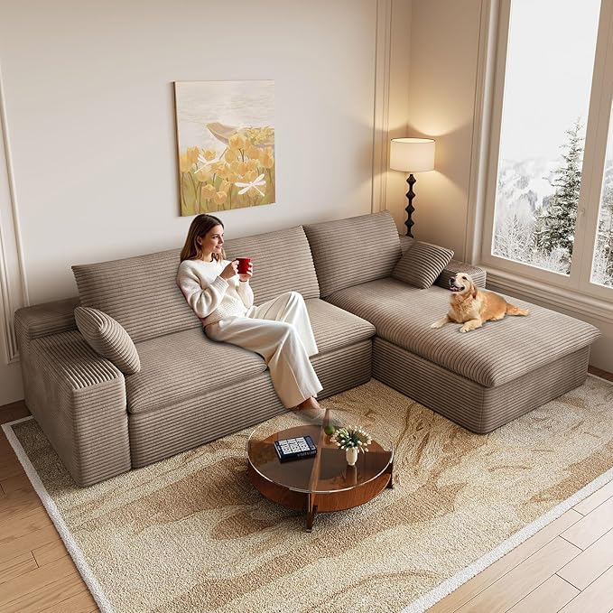 107 Inch Modular Sectional Sofa with Deep Seat, Corduroy Cloud Sectional Couch, Modern Boneless Couches with L-Shape Chaise for Living Room Bedroom, No Assembly Required (Camel, Right Facing Chaise)