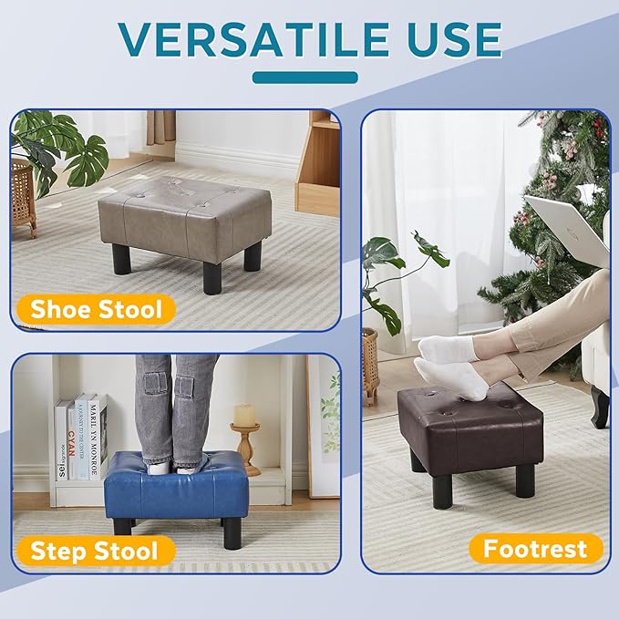 FIMIVIBI Small Foot Stool Ottoman, Faux Leather Footstool Ottoman Foot Rest for Couch, Rectangle Footstools and Ottomans Small for Living Room, Entryway and Bedroom (Gray)
