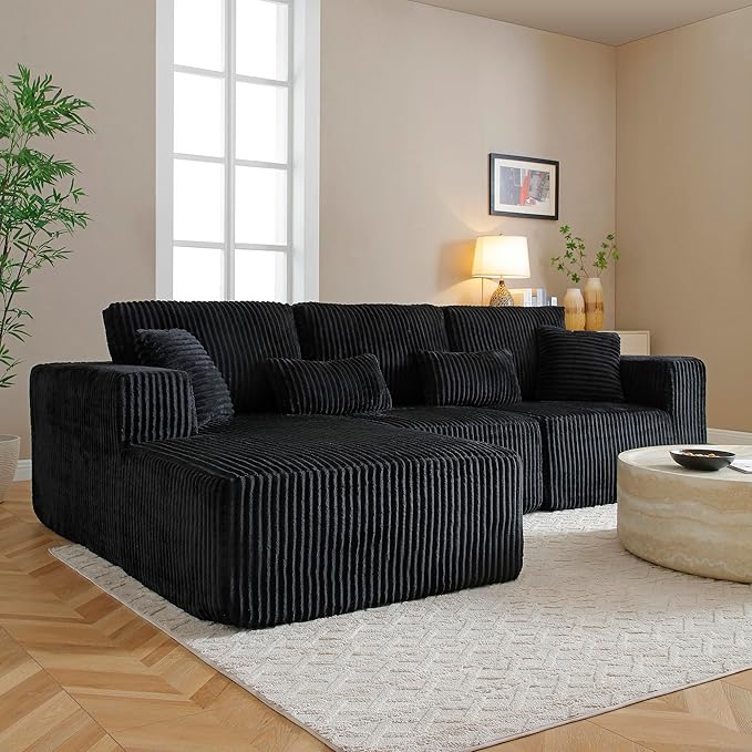 108" Boneless Cloud Sectional Couches for Living Room, Comfy Fluffy L Shaped Memory Foam Deep Seat Boneless Couch, Modular Sectional Sofa with Left Facing Chaise, Dark Black