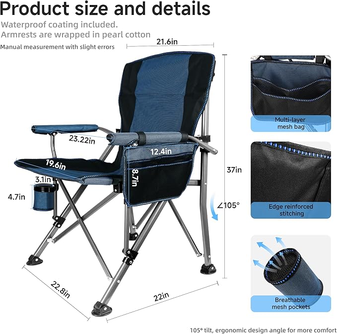 Folding Camping Chair with Cup Holder and Storage Bag, Heavy Duty Support 400 LBS, Oversized Collapsible Portable Camping Chair for Outdoor Camp, Picnic, Travel, Fishing Blue