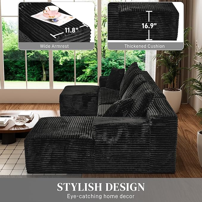 Modular Sectional Sofa Cloud Sectional Couch, 135" Comfy Fluffy U Shaped Black Couches for Living Room, Deep Seat Memory Foam Plush Corduroy Boneless Couch Sectionals with Right Facing Chaise Sofa