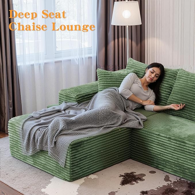 106'' Boneless Couches for Living Room, L Shaped Modular Sectional Sofa with Chaise Lounge, Faux Rabbit Fur Layered Cushion Deep Seat Cloud Couch, No Assembly (Green, 106 L Shaped Left Facing Chaise)