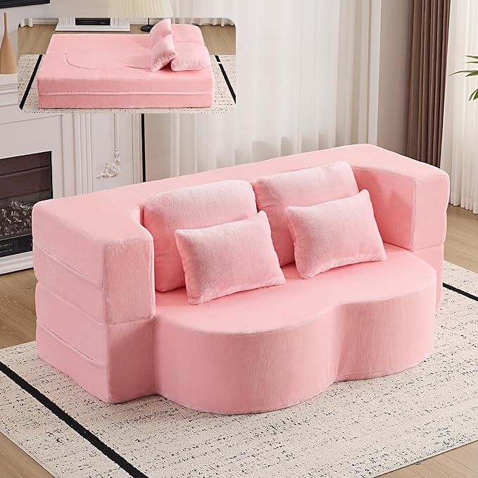 Orynveela Convertible Folding Sofa Bed, 78” Full Size Floor Sleeper Couch, Chenille Full Foam Futon Loveseat for Living Room Bedroom, No Assembly Required (Pink)