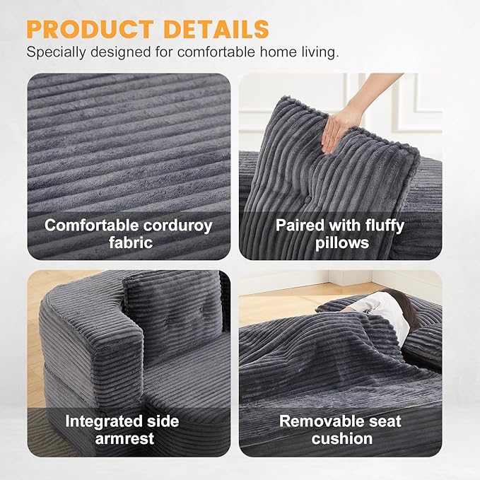 78.4" Convertible Sleeper Sofa Bed, Floor Couch Loveseat with Functional Blanket and 2 Soft Pillows,Corduroy Fabric Boneless Futon Couch for Living Room,Bedroom,Apartment (Dark Grey)