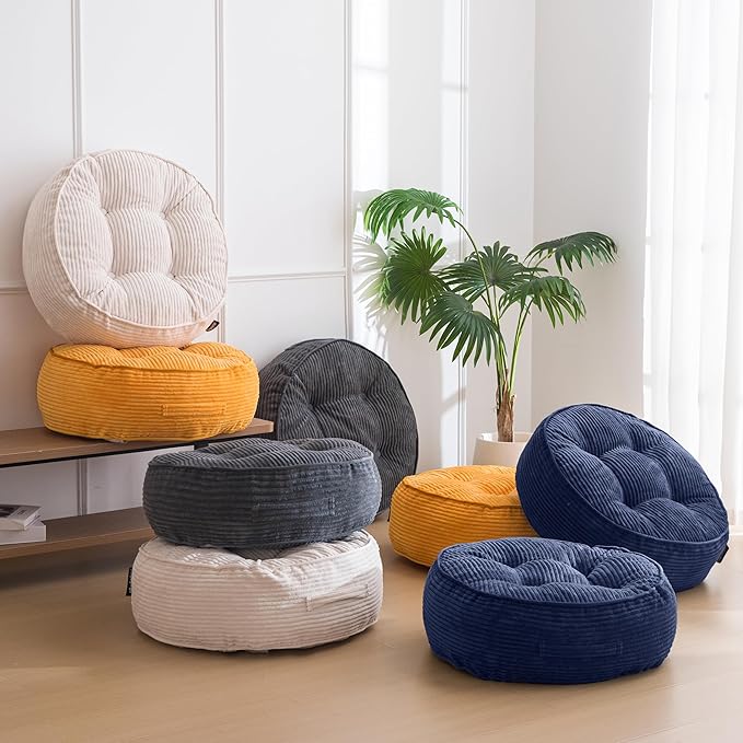 8" Washable Floor Pillow Cushion for Adults, Meditation Cushion Pillow, Large Round Floor Sitting, Removable Tufted Corduroy Cover, for Tatami Living Room or Yoga, 22x22 Inch, Machine Washable