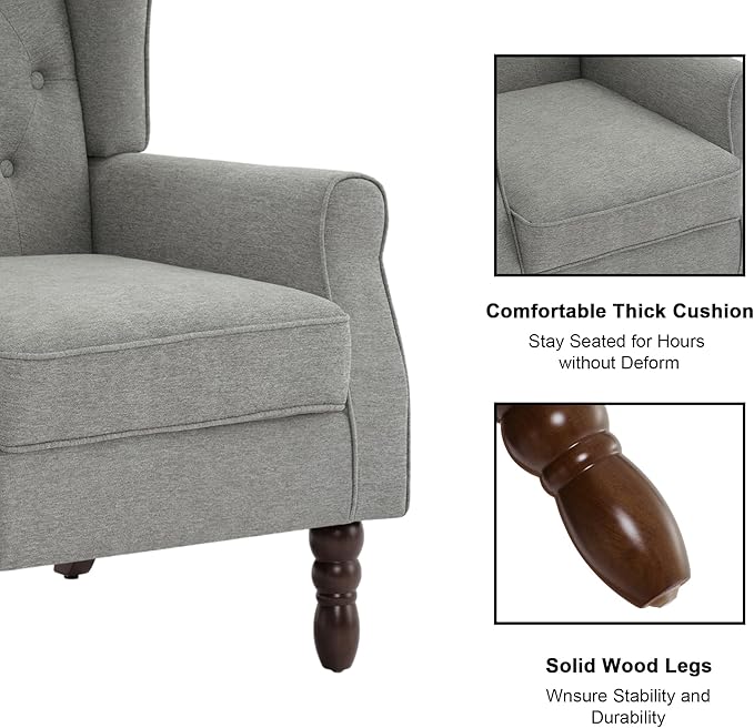 DREAMSIDEA Accent Chair, Upholstered Armchair with Button Tufted High Back & Solid Wood Legs, Comfy Wingback Reading Single Sofa Chair for Small Spaces, Living Room, Bedroom (Grey, Set of 1)