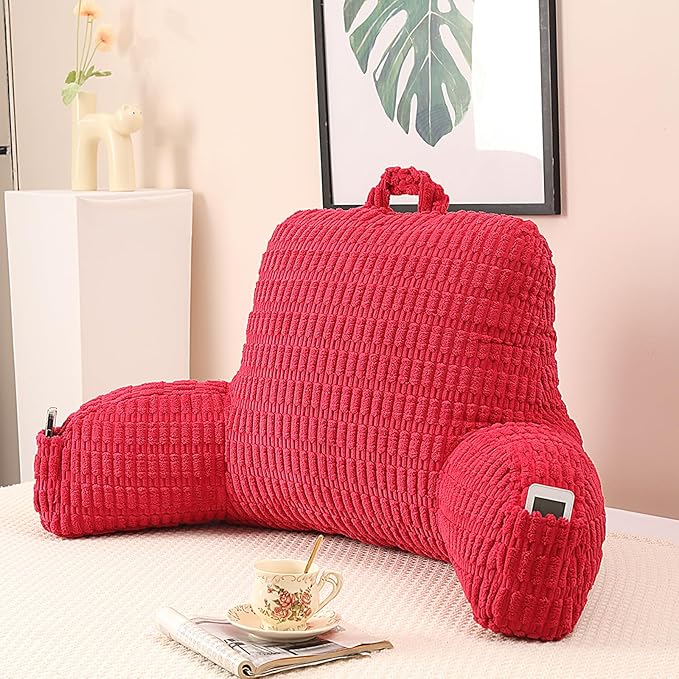 PAJEO Reading Pillow for Sitting in Bed, Large Backrest Reading Pillow with Arm Rest,Back-Rest Support Cushion for Sit Up on Couch, Sofa, and Floor, Dorm Essentials (Red Corduroy, Standard(17"))