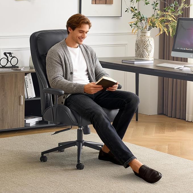 VINGLI Executive Ergonomic Office Chair with 100-130° Reclining, High-Back Desk Chair with Adjustable Base & Headrest Support & Wheels, Comfy Gaming Chair for Computer, Home Office, Pu-Leather, Black