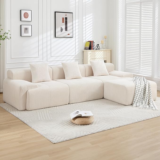 118" Modern L-Shaped Modular Sectional Sofa, Boneless Modular Couches for Living Room, Corduroy Upholstered Sofa with Deep Seat, Oversized 3-Seater Cloud Sectional Couch, No Assembly, Beige