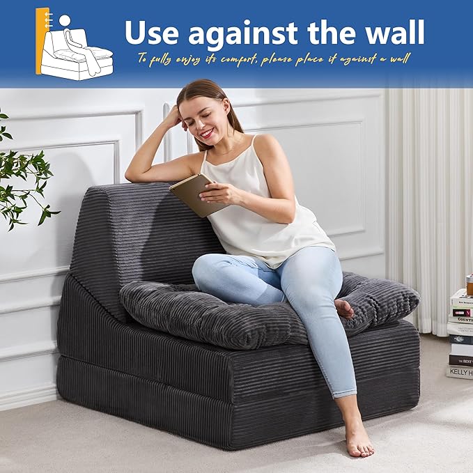 Hobestluk Sofa Couch Folding Sofa Bed Comfy Floor Lounger Convertible Sofa with Removable Cushion Couches for Small Spaces Foldable Mattress for Living Room Bedroom or Office (Cordury Grey, Large)