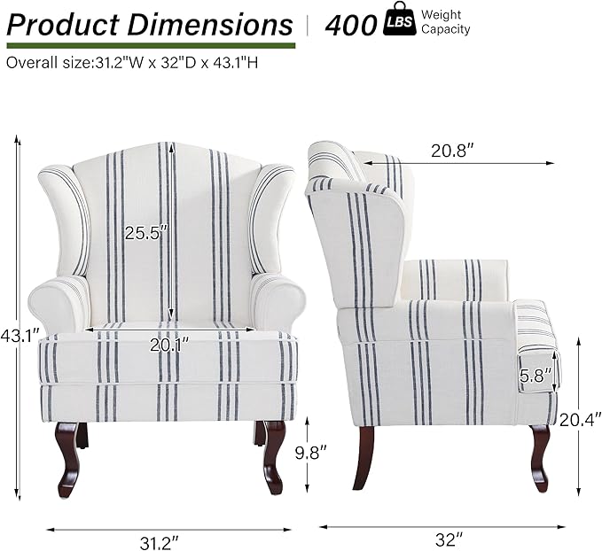 DREAMSIDEA Accent Chair, High Back Upholstered Armchair with High Resilience Sponge & Wood Legs, Mid-Century Modern Comfy Single Sofa Reading Chairs for Living Room, Bedroom - Stripe Navy, Set of 1