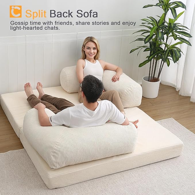 COMAX Futon Sofa Bed, 4-in-1 Floor Foldable Sofa Couch Bed with L-Shaped Armrests, Convertible Folding Chair Bed Sleeper Mattress Fold Out Lounge for Living Room Bedroom, Beige