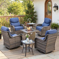 Belord Luxury 6" Thick Cushioned Outdoor Swivel Rocker Chairs Set of 4 with Fire Pit Table, High Back Wicker Patio Furniture Set with Ergonomic Zone Back, Conversation Set for Deck Porch - Grey+Blue