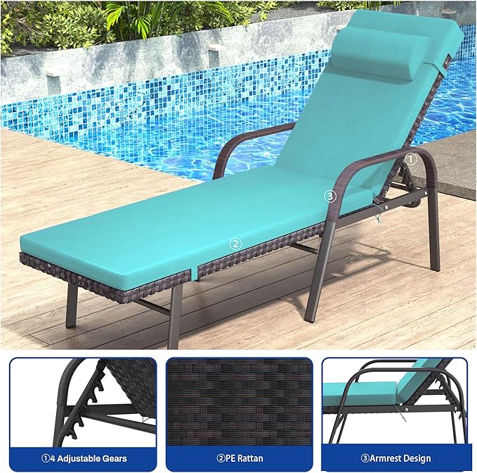 Trumbeak Patio Chaise Lounge Set 3 Pieces Pool Lounge Chairs,Cushioned Outdoor Folding Lounge Chair w/Arm and Rattan Adjustable Backrest for Poolside Porch,Folding Table Included,Turquoise Blue