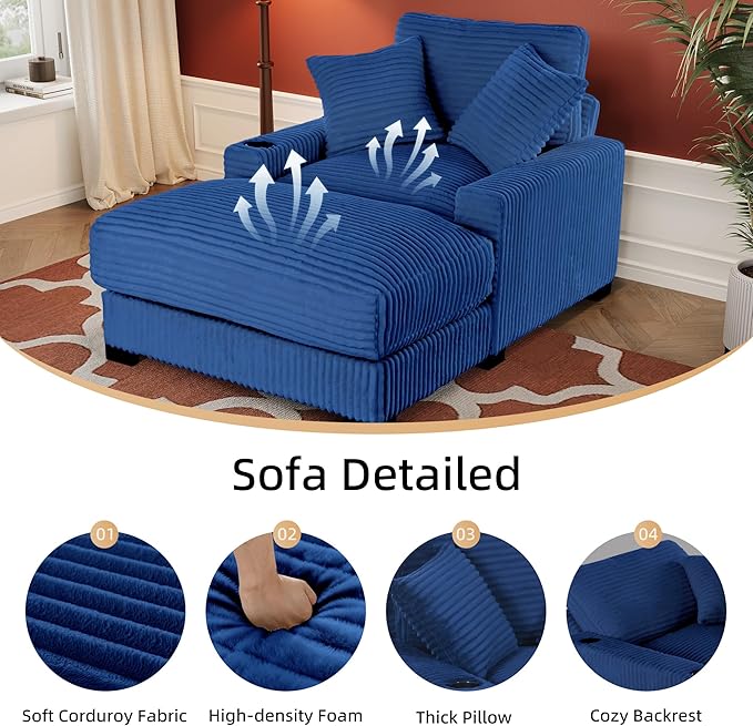 Oversized 60" Chaise Lounge Chair with Adjustable Backrest, Solid Wood Frame Corduroy Upholstery, Cup Holder USB & Type-C Port, 2 Pillows Sleeper Couch Deep Seat for Living Room, Bedroom, Blue