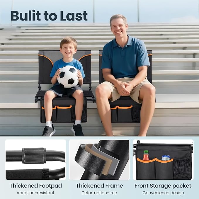 HIGH POINT SPORTS Folding Stadium Seat Bleacher Chair with Mesh Bag and Hide Hooks, 2 Pack Portable Stadium Chair with Back, Outdoor Comfort Chair, Black Grey