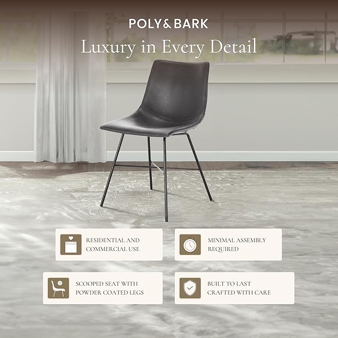 POLY & BARK Paxton Leather Dining Chairs – Set of 2 Modern Dining Room Chairs with Low Back – Faux Leather Upholstery and Matte Black Steel Base – Comfortable Seating for Stylish Interiors – Grey