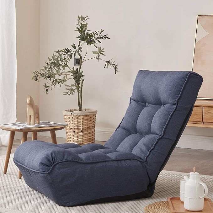 Floor Chair Single Lazy Sofa Leisure Balcony Reclining Japanese Tatami Adjustable Recliner with Ottoman for Living Room, Bedroom, Indoor Use(No Footstool, Navy)