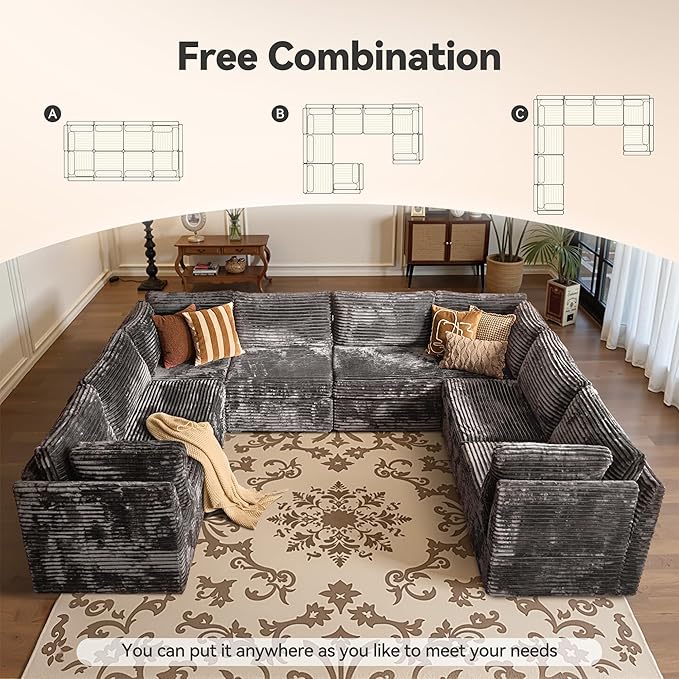 CAODOC Large 8 Seat Modular Sectional Sofa with Ottoman Seat Corduroy Sleeper Sectional Sofa Bed Oversized Convertible Modular Couch for Living Room