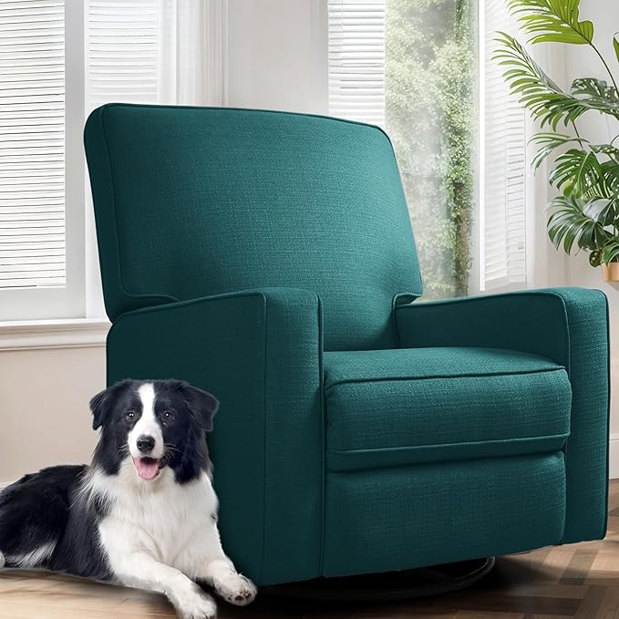 KeyEnergy Swivel Rocker Recliner Chair for Adults, High Back Fabric Recliner with Deep Seat, Manual Glider for Living Room & Nursery, Green