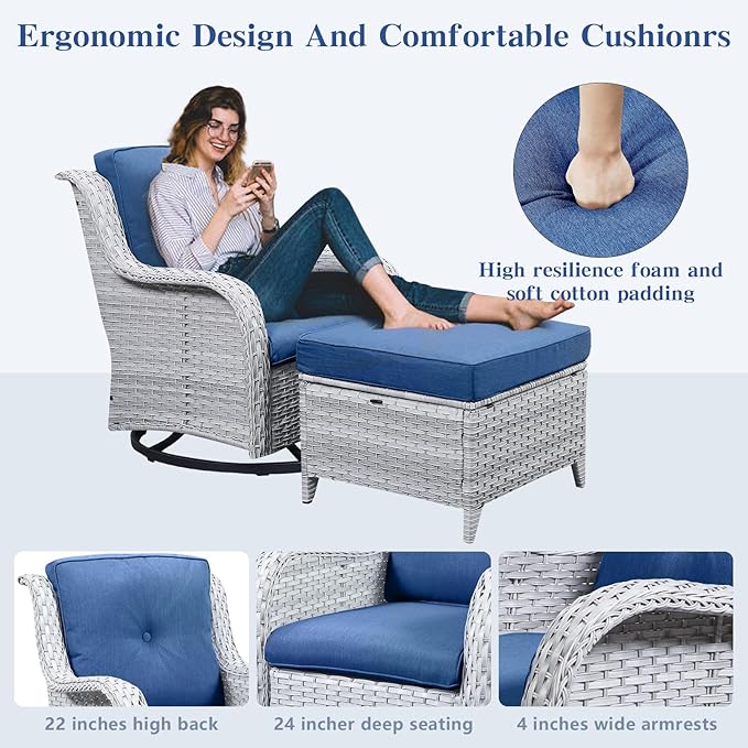 Belord 4 Pieces Patio Furniture Sets, Wicker Patio Swivel Glider Chair with Ottomans, Outdoor Furniture Set for Outside Porch Deck Balcony, Light Grey