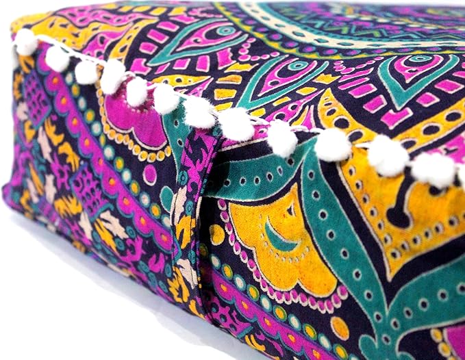 CRAFT KALA Large Hippie Mandala Meditation Floor Ottoman Pillow Cushion Pouf Cover Square Poufs Bohemian Circle Floor Cushion Case Outdoor Fireplace Yoga Living Room Decor Cover New Pink, 24" Square