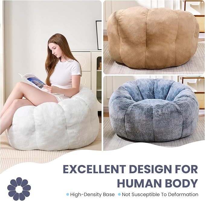 Bean Bag Chairs for Adults, Teens Youth Beanbag Reading Chair with Petal Arm Rest, Comfy Faux Fur Fluffy Bean Bag for Living Room, Bedroom, Dorm, Game - Grey, Large, Low Support