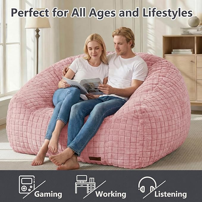 Bean Bag Chairs for Adults, Giant Beanbag Sofa Comfy Reading Chair, Oversized Bean Bag Chairs for Living Room Bedroom, Soft Faux Fur Fabric, 3.2FT, Pink, Checkered