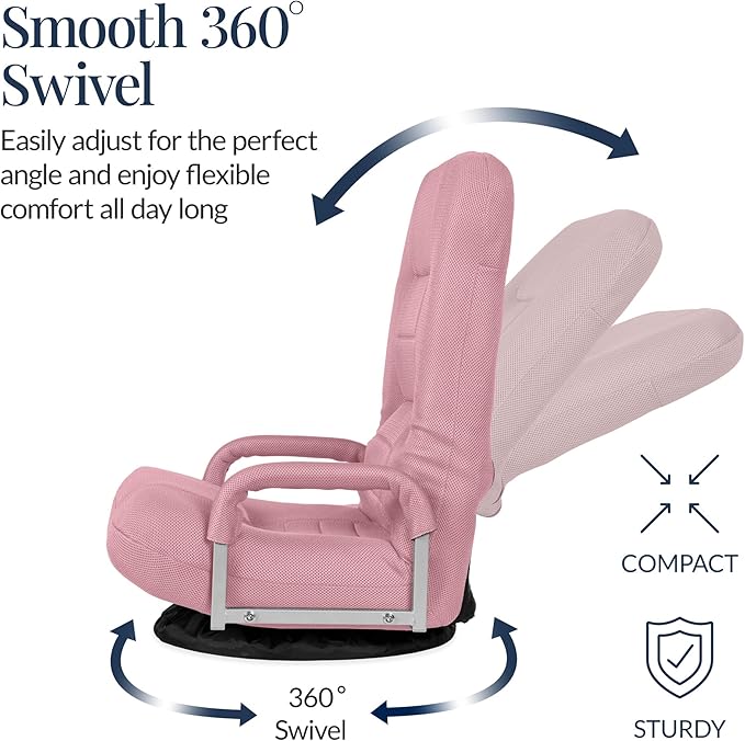 Best Choice Products Swivel Gaming Chair 360 Degree Multipurpose Floor Chair Rocker for TV, Reading, Playing Video Games w/Lumbar Support, Armrest Handles, Adjustable Foldable Backrest - Pink